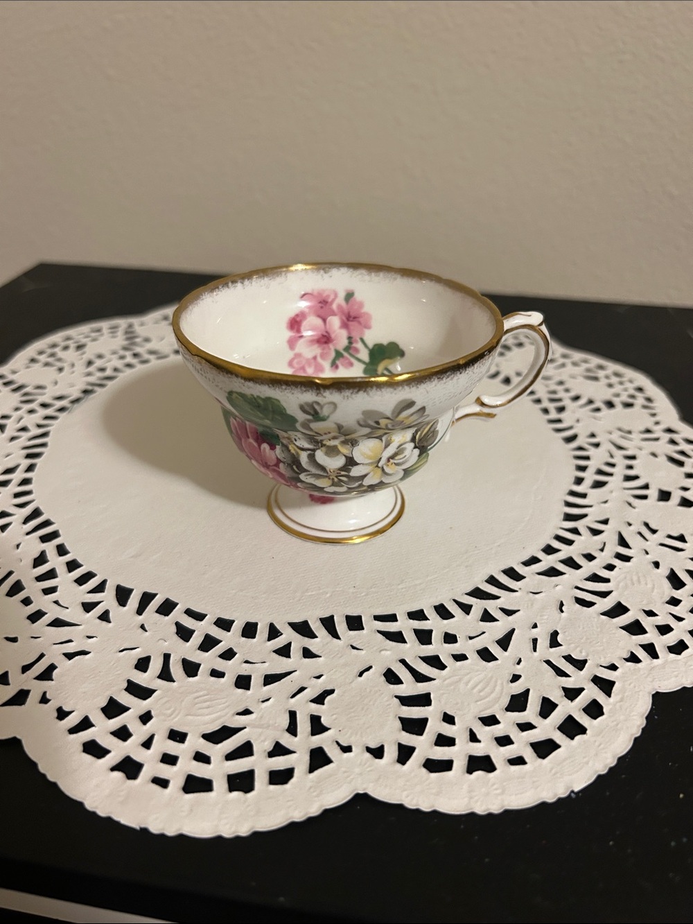 Porcelain Floral Teacup with Gold Trim - Pink & Green pattern is Rosina
